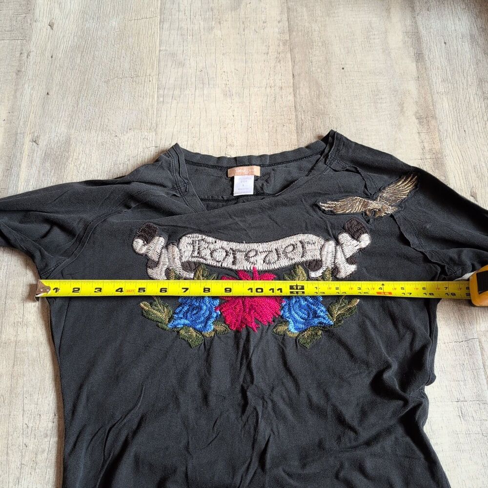 Women's Forever 21 Long Flare Sleeve Top Shirt Embroidered Floral Black L - Picture 6 of 7